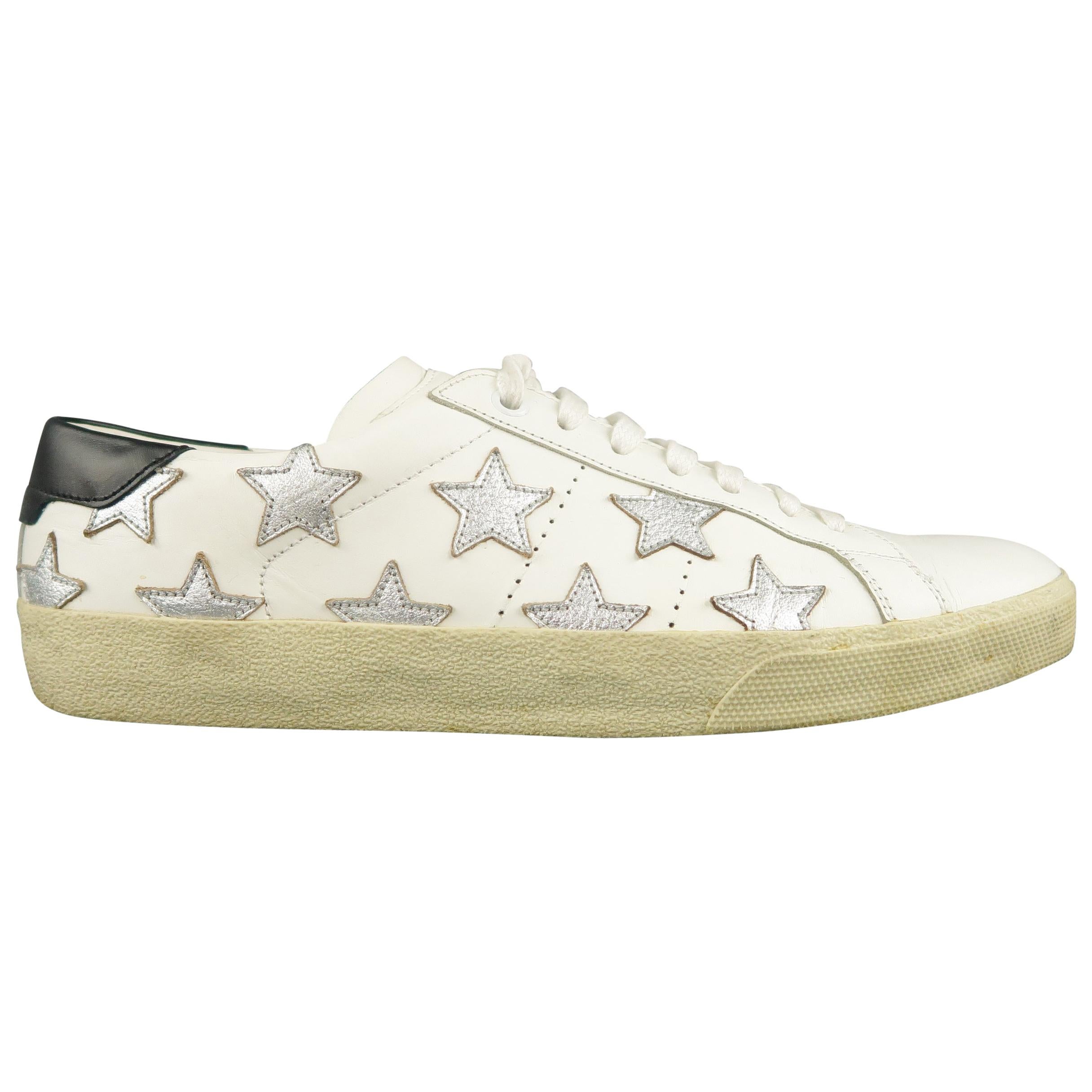 SAINT LAURENT Size 7 White Leather Silver Stars California SL 06 Sneakers