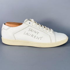 SAINT LAURENT Size 7 White Silver Leather Studded Low Top Sneakers
