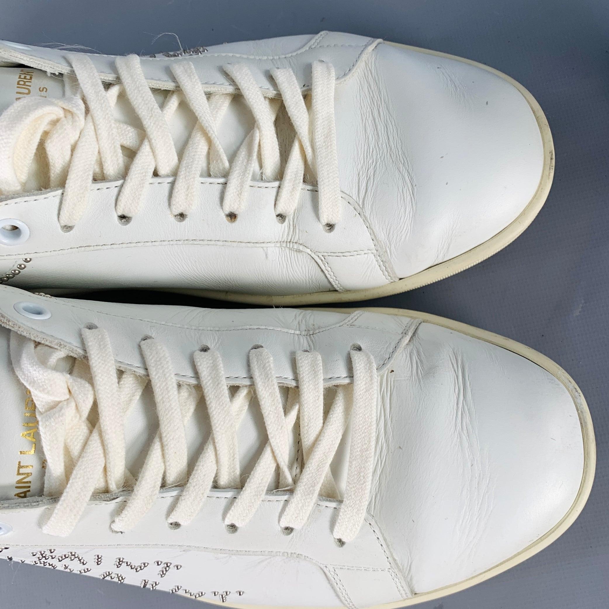 SAINT LAURENT Size 7 White Silver Leather Studded Low Top Sneakers en vente 4