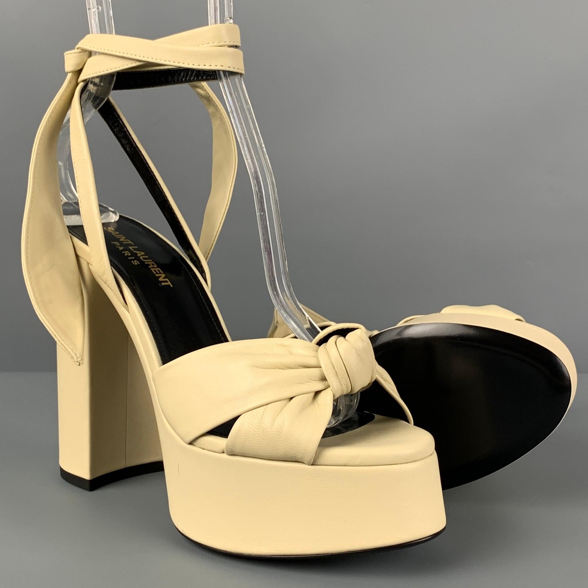 SAINT LAURENT Size 7.5 Beige Leather Bianca Platform Sandals In Good Condition In San Francisco, CA