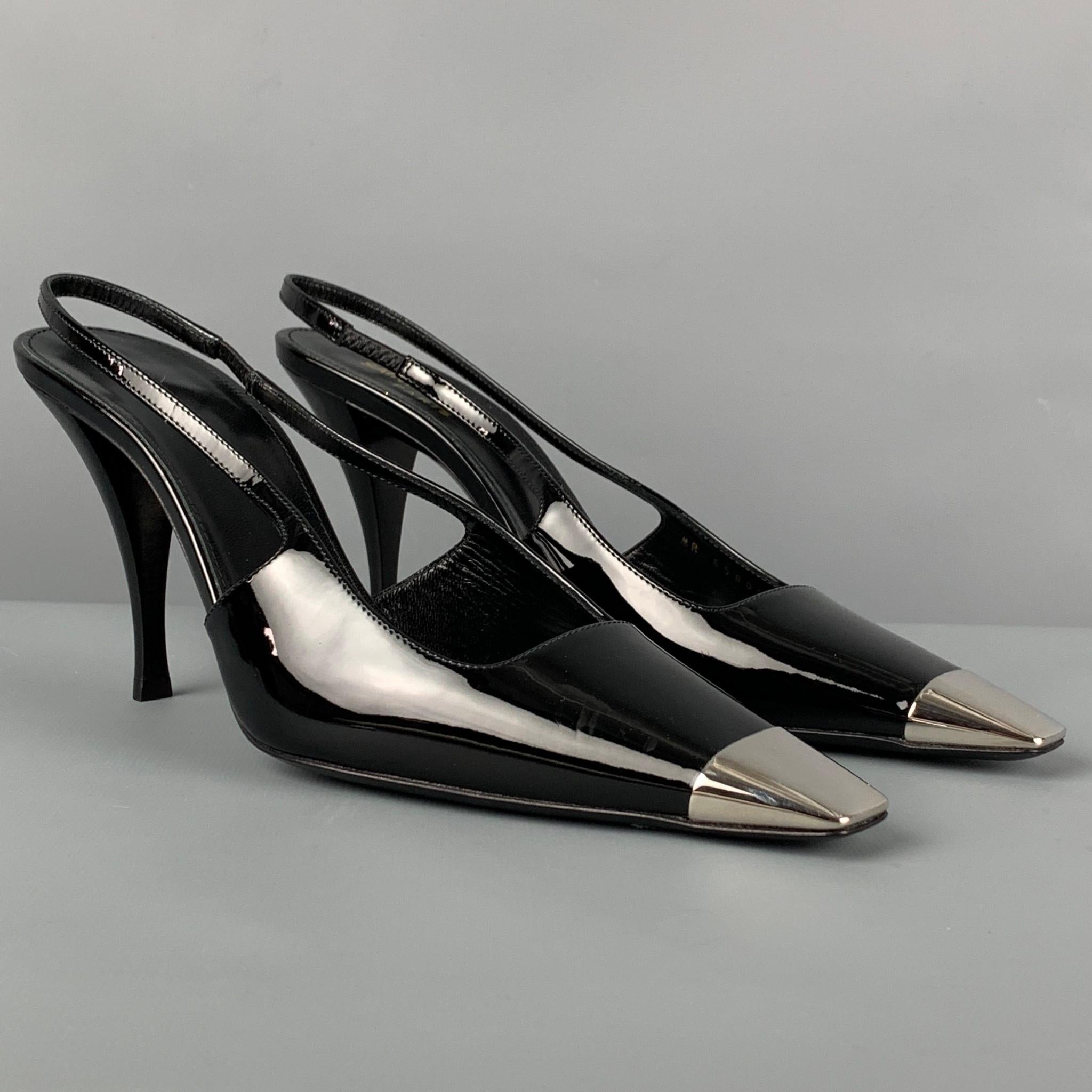 SAINT LAURENT Size 7.5 Black Silver Patent Leather Vesper Slingback Pumps 1