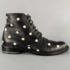 SAINT LAURENT Size 7.5 Black White Leather Polka Dot Ankle Boots
