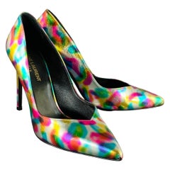 SAINT LAURENT Size 7.5 Metallic Silver Multi Color Leather Stiletto Pumps