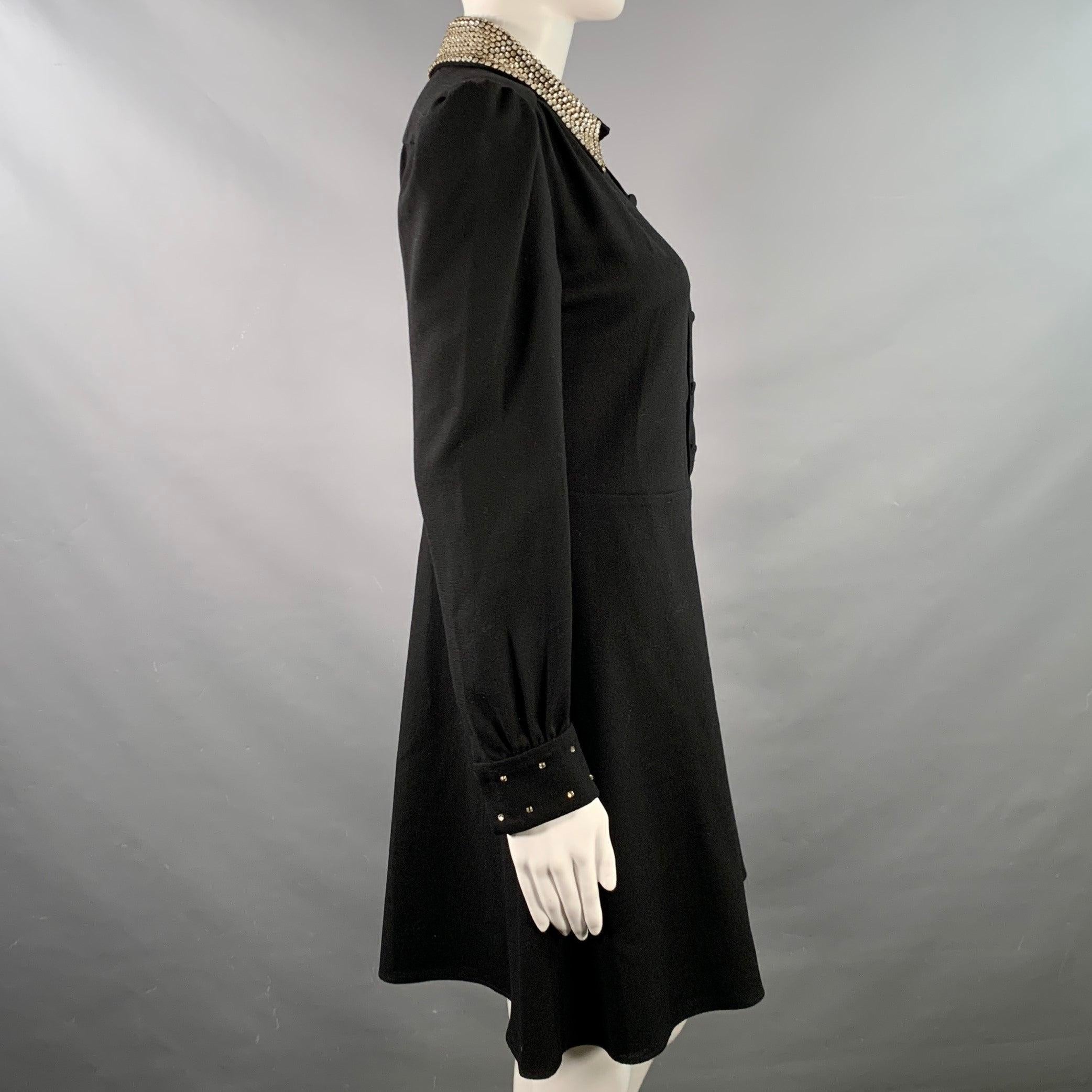 SAINT LAURENT Size 8 Black Gold Wool Crepe Rhinestones Long Sleeve Dress In Good Condition For Sale In San Francisco, CA