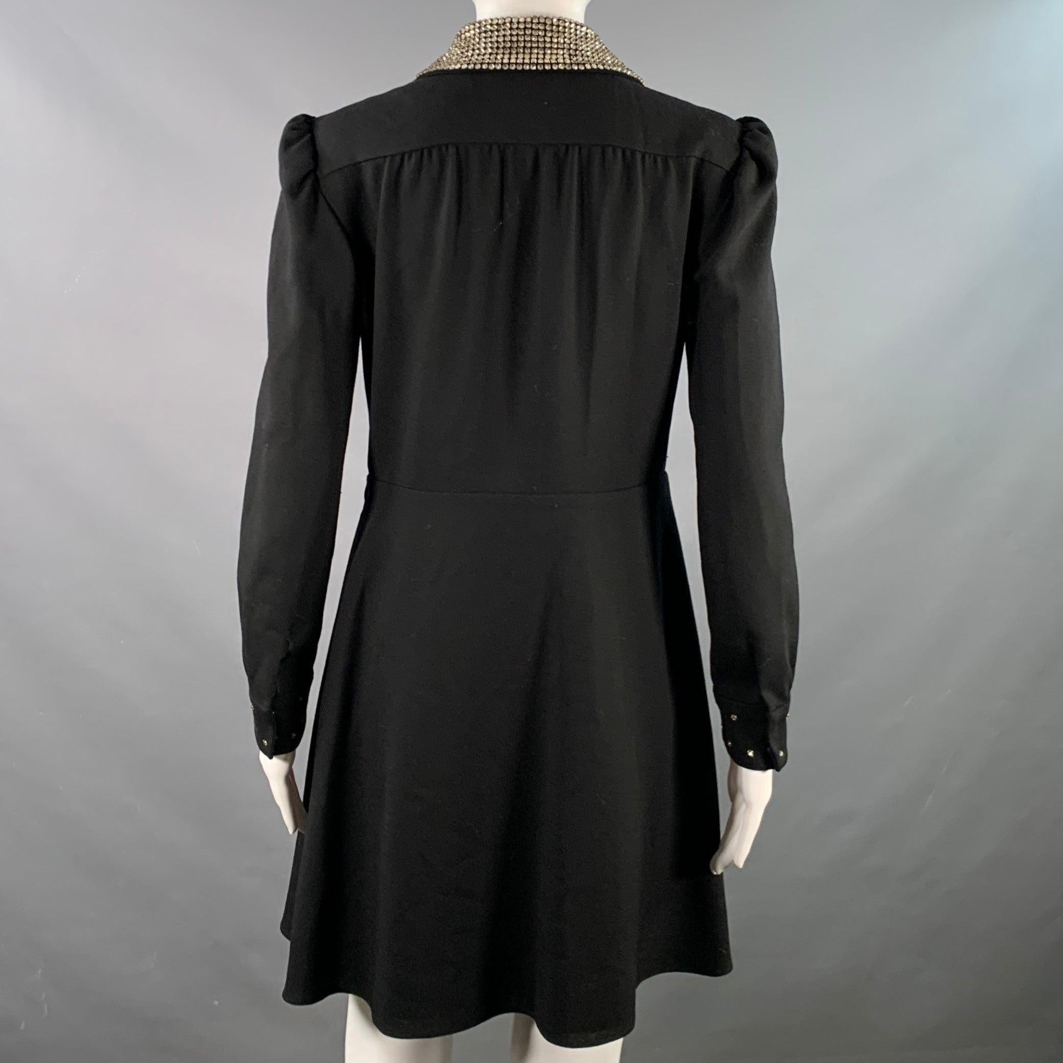 SAINT LAURENT Size 8 Black Gold Wool Crepe Rhinestones Long Sleeve Dress For Sale 1