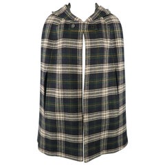 SAINT LAURENT Size 8 Blue & Green Plaid Wool Hooded Cape