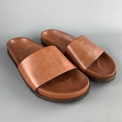 SAINT LAURENT Size 8 Cognac Tan Leather YSL Logo Slide Sandals