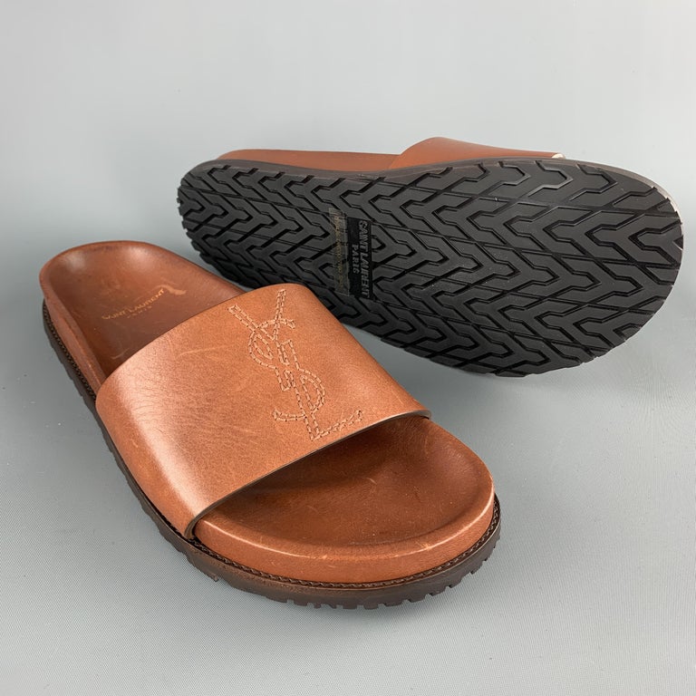 SAINT LAURENT Size 8 Cognac Tan Leather YSL Logo Slide Sandals at ...