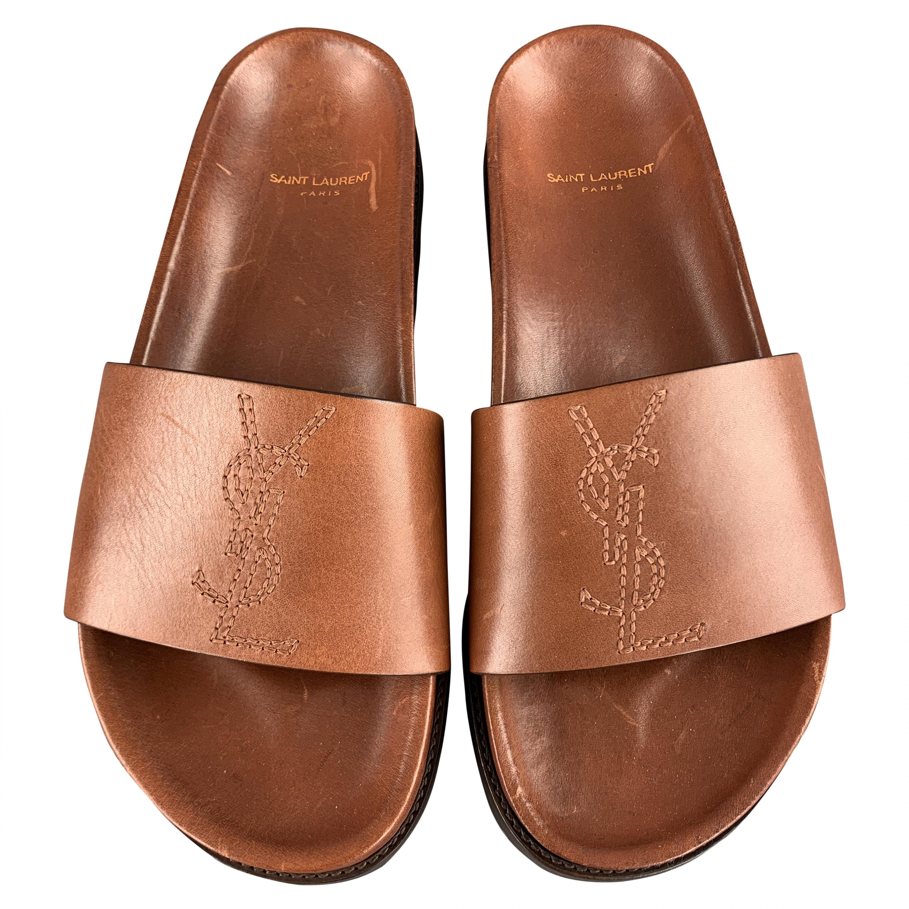 SAINT LAURENT Size 8 Cognac Tan Leather YSL Logo Slide Sandals at 1stDibs