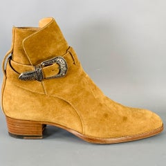SAINT LAURENT Size 8 Hedi Strap Tan Silver Suede Western Buckle Boots