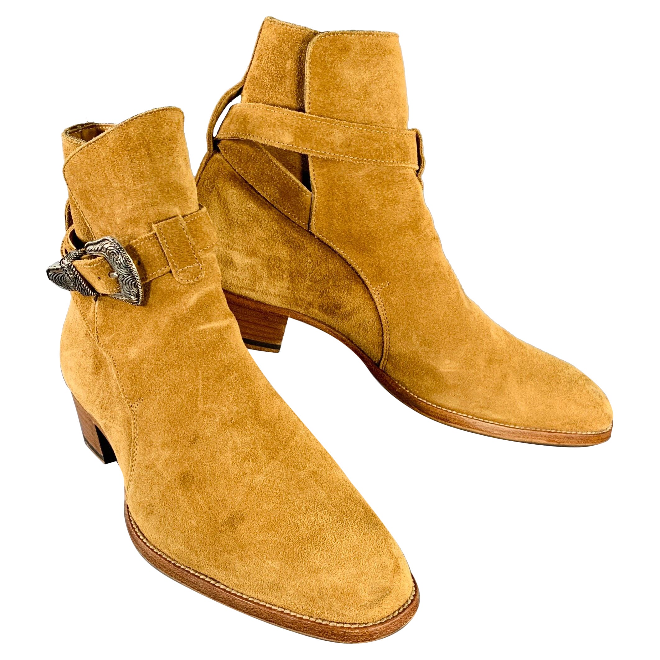 SAINT LAURENT Size 8 Hedi Strap Tan Silver Suede Western Buckle Boots