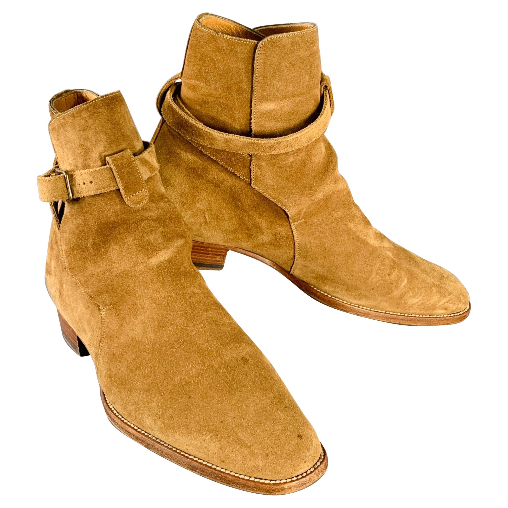 SAINT LAURENT Size 8 Hedi Strap Tan Suede Harness Boots
