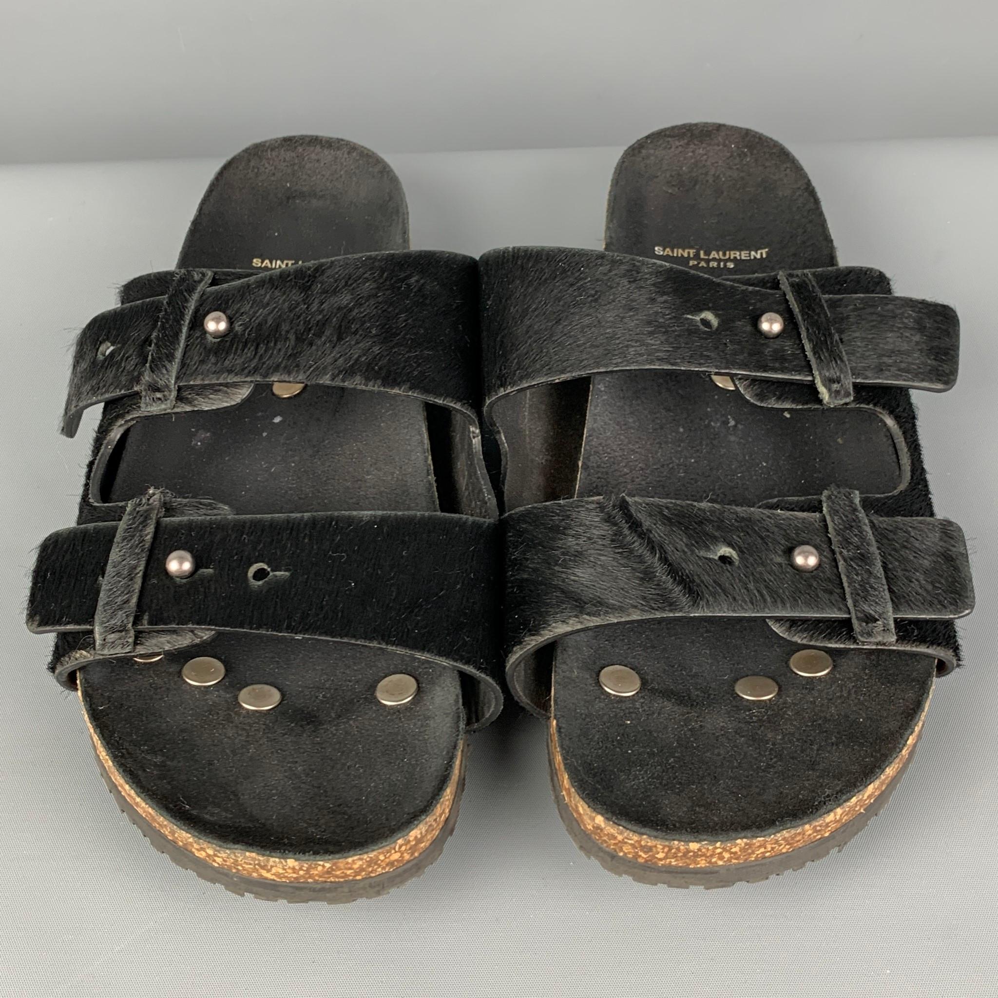 Men's SAINT LAURENT Size 9 Black Textured Leather Jimmy Flat Sandals