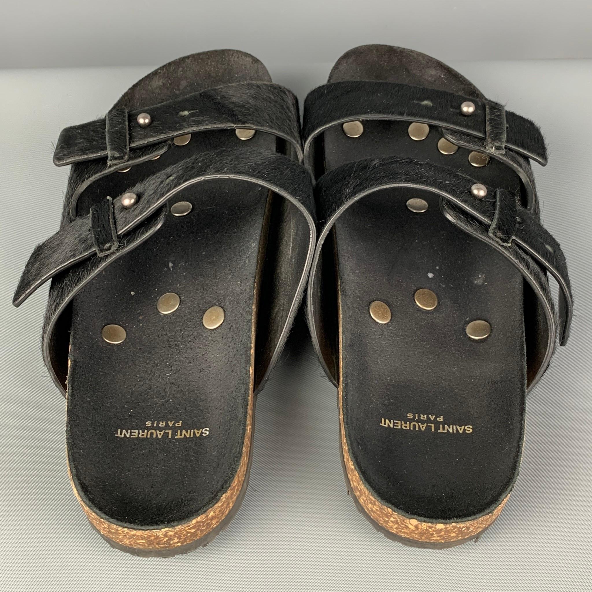 SAINT LAURENT Size 9 Black Textured Leather Jimmy Flat Sandals 1