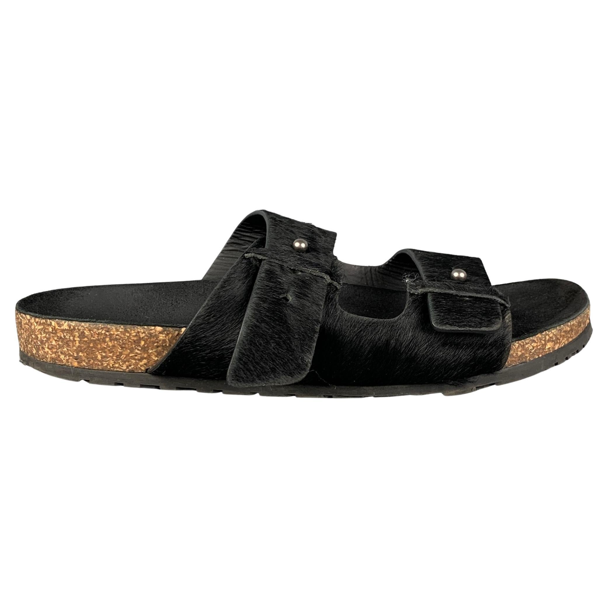 SAINT LAURENT Size 9 Black Textured Leather Jimmy Flat Sandals at 1stDibs