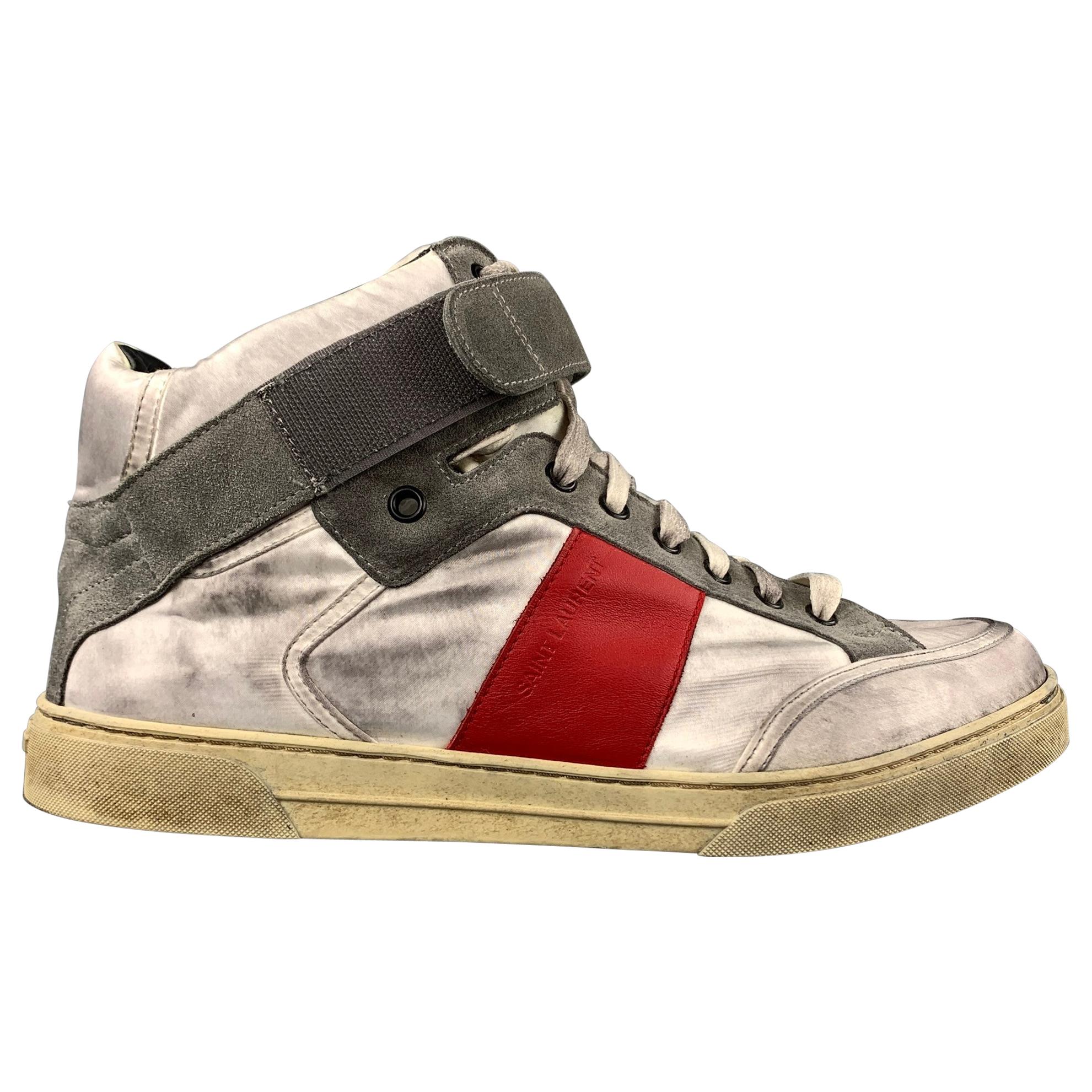 SAINT LAURENT Size 9 Silver Distressed Leather High Top Sneakers at 1stDibs