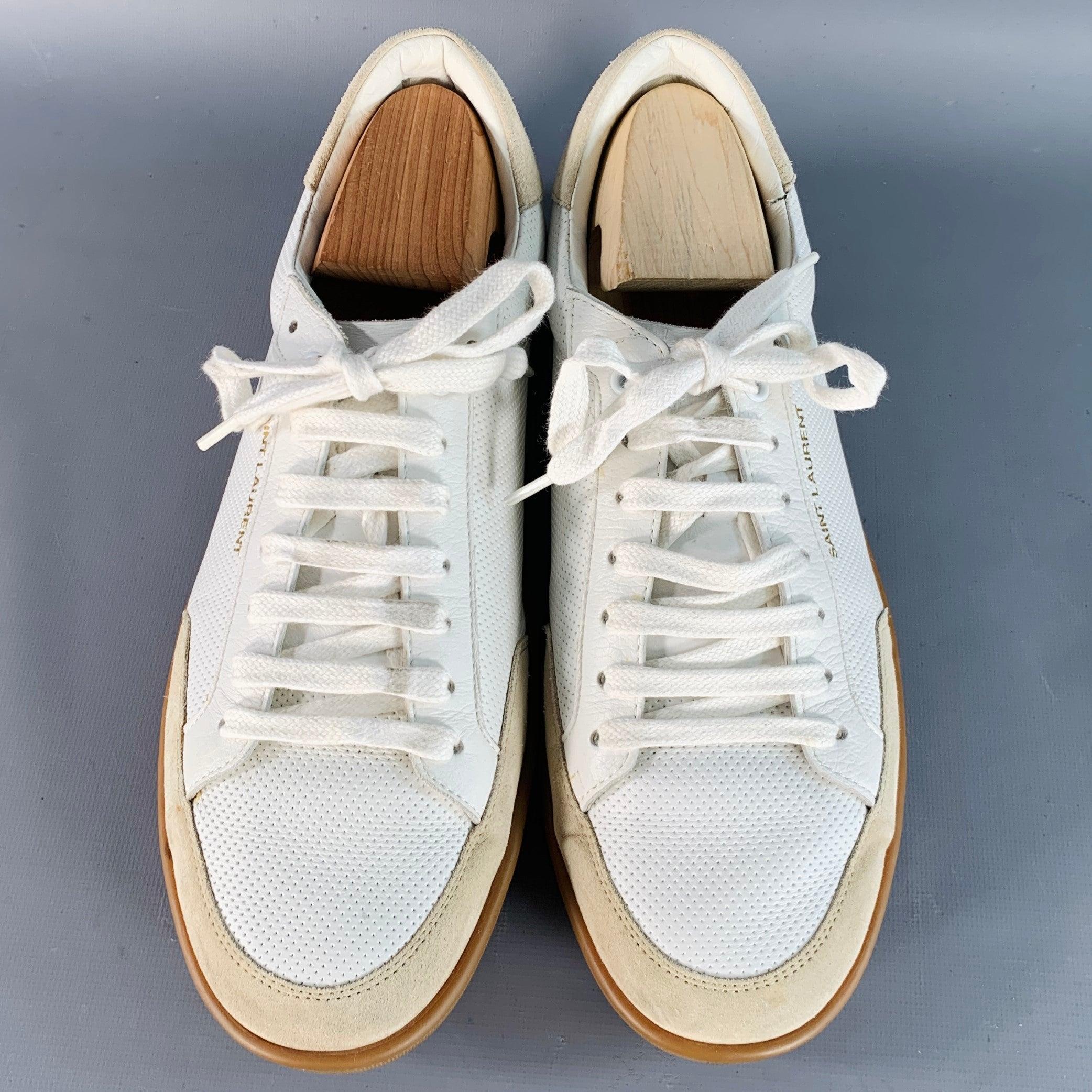 De los hombres SAINT LAURENT Size 9 White Beige Perforated Leather Sneakers en venta