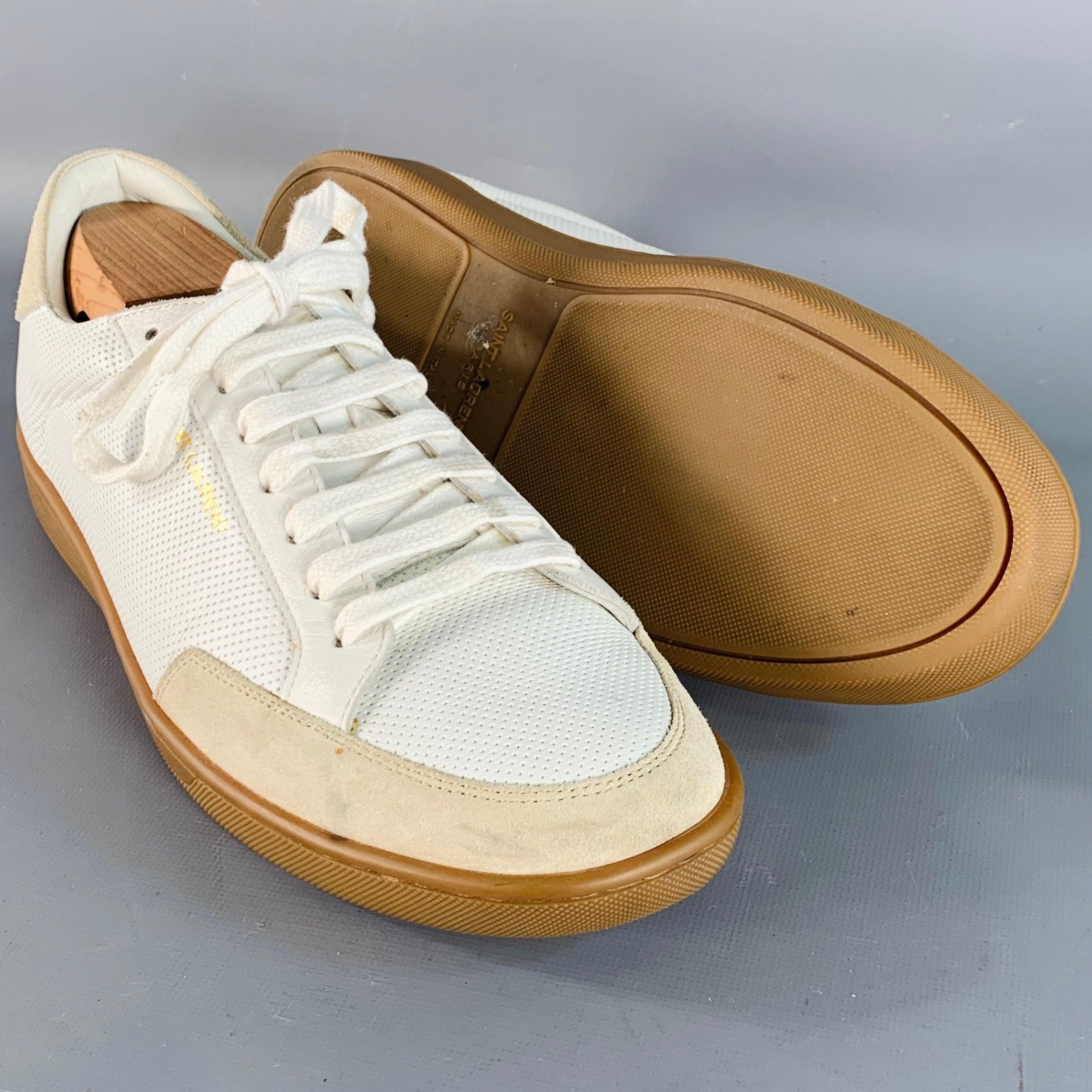 SAINT LAURENT Size 9 White Beige Perforated Leather Sneakers en venta 1