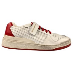 SAINT LAURENT Size 9 White & Red Perforated Leather Low Top Sneaker