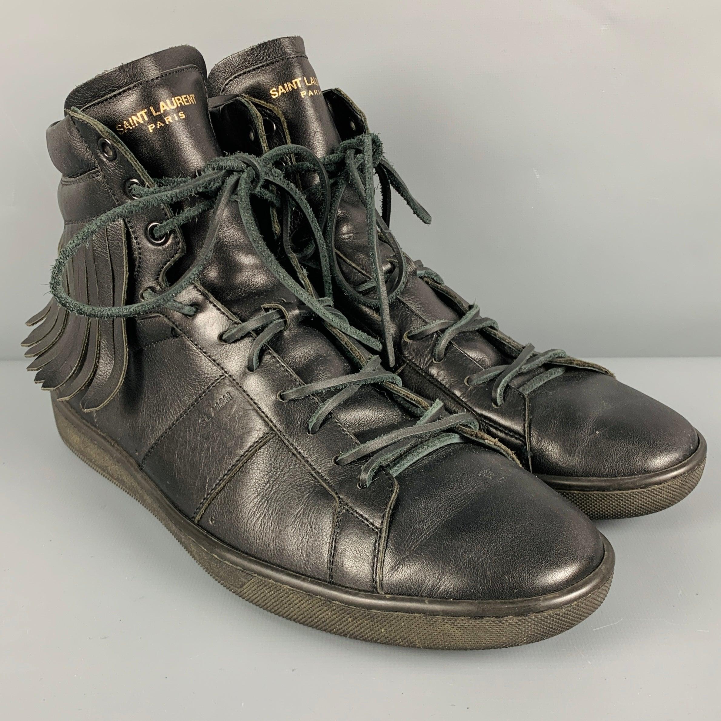 SAINT LAURENT sneakers
in a black leather fabric featuring high top style, leather fringe, and lace-up closure. Made in Italy.Very Good Pre-Owned Condition. Minor signs of wear. 

Marked:   M 376995 42.5Outsole: 11.25 inches  x 4 inches 
  
  
