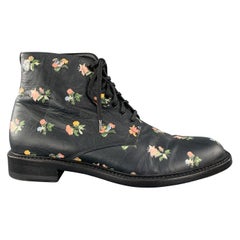 SAINT LAURENT Size 9.5 Navy Floral Print Leather LOLITA Combat Boots
