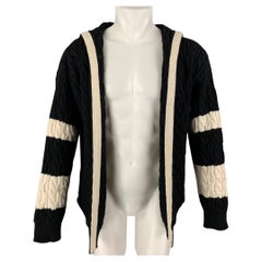 SAINT LAURENT Size L Black White Color Block Wool Hooded Cardigan