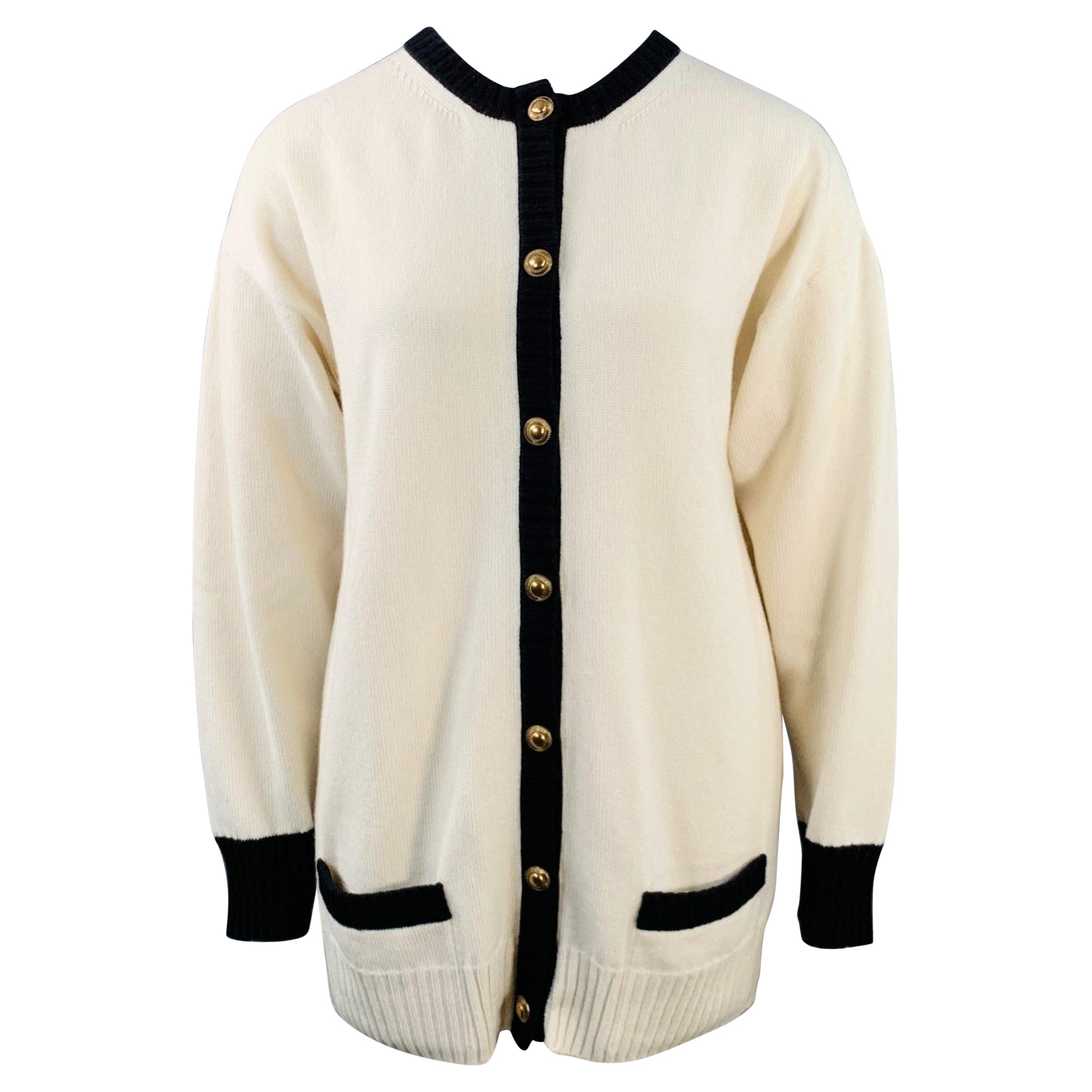 SAINT LAURENT Talla L Cárdigan de cachemira negro crema con ribetes en contraste en venta