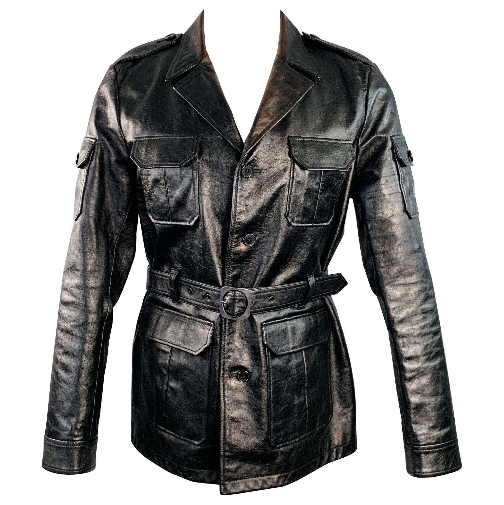 SAINT LAURENT Size M Black Calf Leather Belted Jacket For Sale