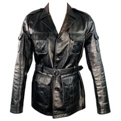 SAINT LAURENT Size M Black Calf Leather Belted Jacket