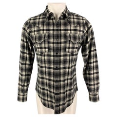SAINT LAURENT Size M Black Cream Plaid Wool Blend Long Sleeve Shirt
