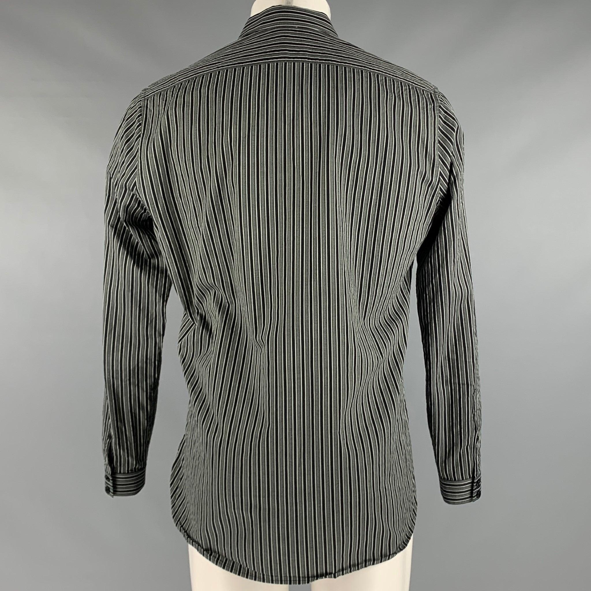 SAINT LAURENT Size M Black Grey Stripe Cotton Long Sleeve Shirt In Good Condition For Sale In San Francisco, CA