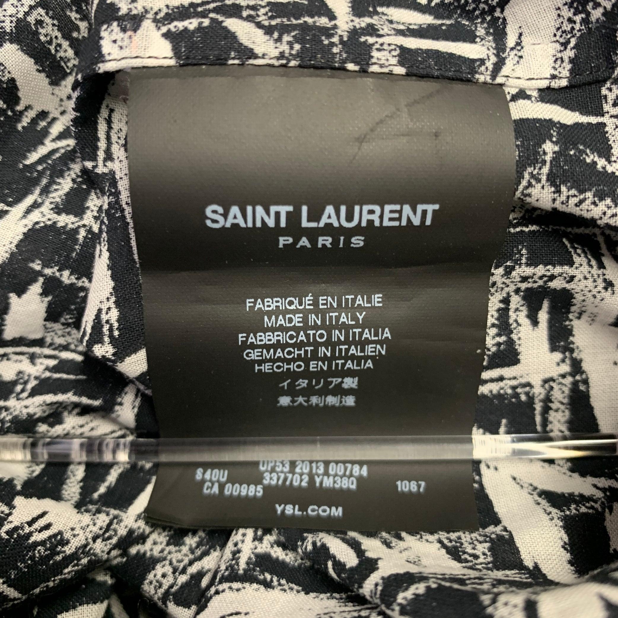 SAINT LAURENT Size M Black White Print Cotton Button Up Long Sleeve Shirt (Chemise à manches longues boutonnée en coton imprimé noir et blanc) en vente 1