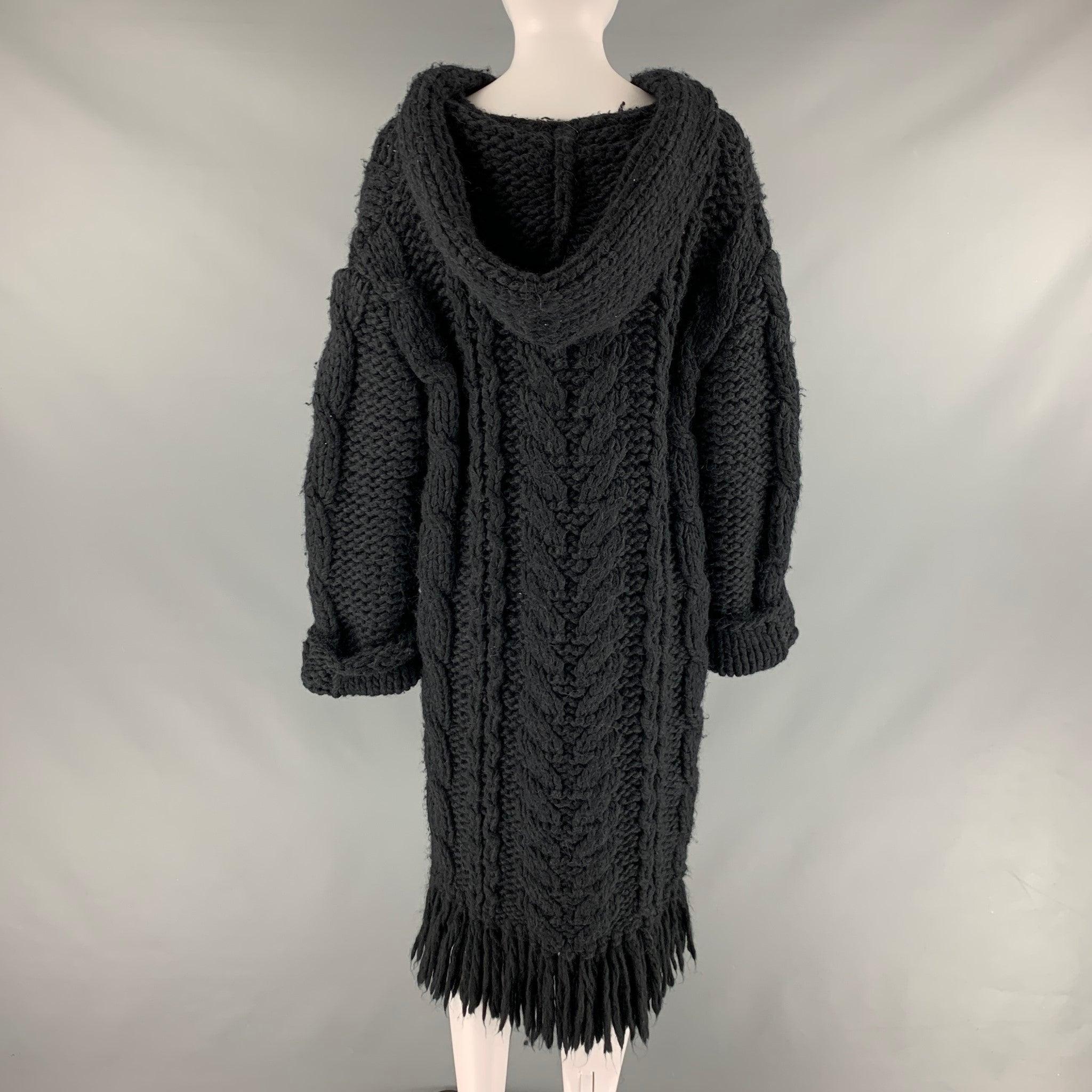 Women's SAINT LAURENT Size M Black Wool Blend Open Front Cable Knit Cardigan Coat For Sale