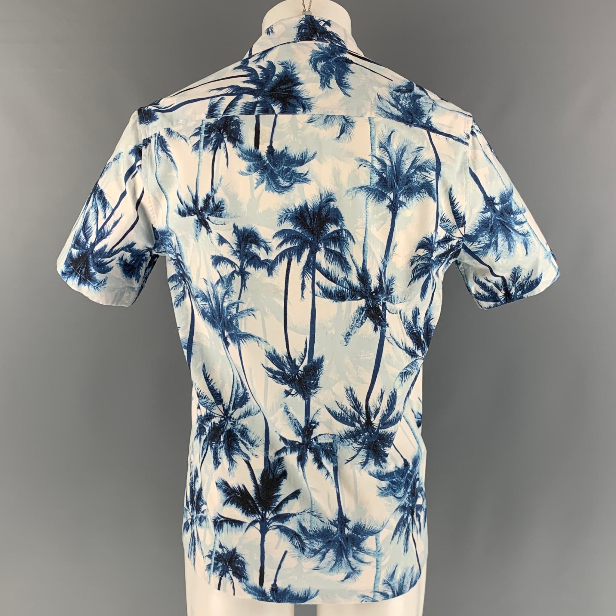SAINT LAURENT Size M Blue White Palms Cotton Camp Short Sleeve Shirt In Good Condition In San Francisco, CA