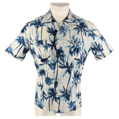 SAINT LAURENT Size M Blue White Palms Cotton Camp Short Sleeve Shirt