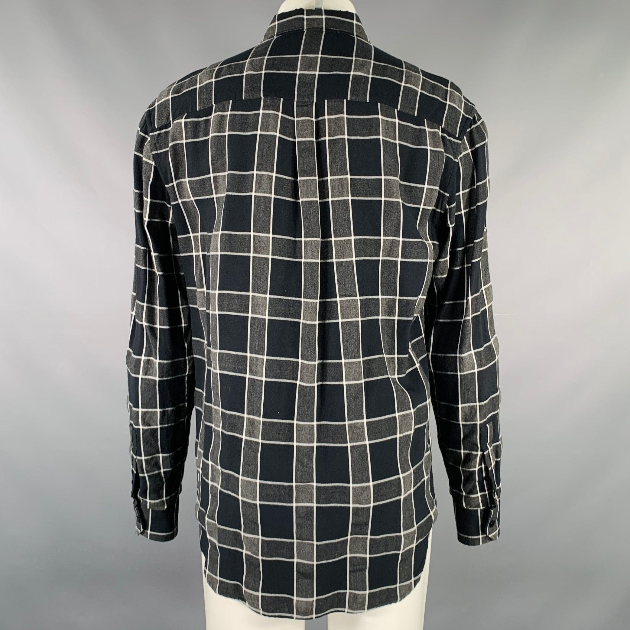 SAINT LAURENT Size M Grey Black White Plaid Tencel Viscose Long Sleeve Shirt In Excellent Condition For Sale In San Francisco, CA