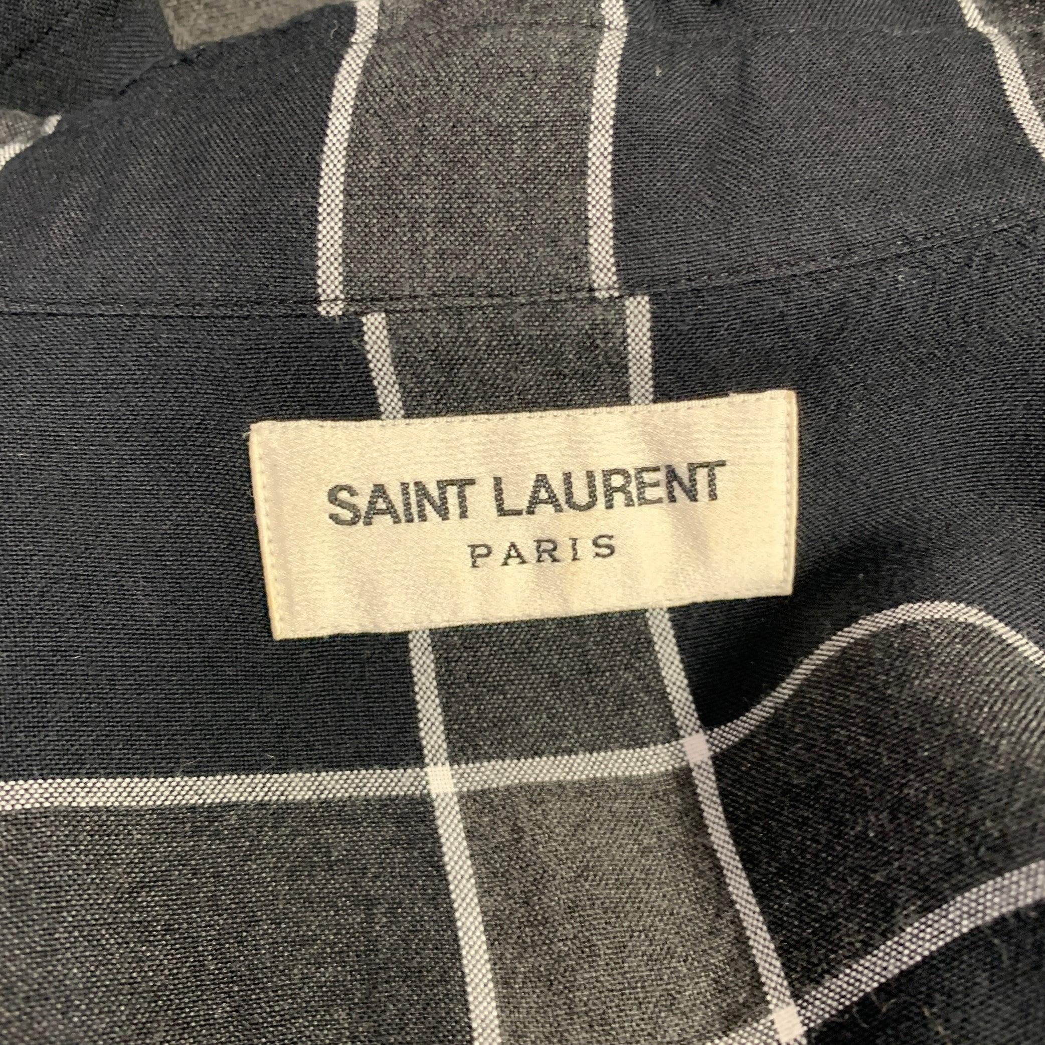 Men's SAINT LAURENT Size M Grey Black White Plaid Tencel Viscose Long Sleeve Shirt For Sale