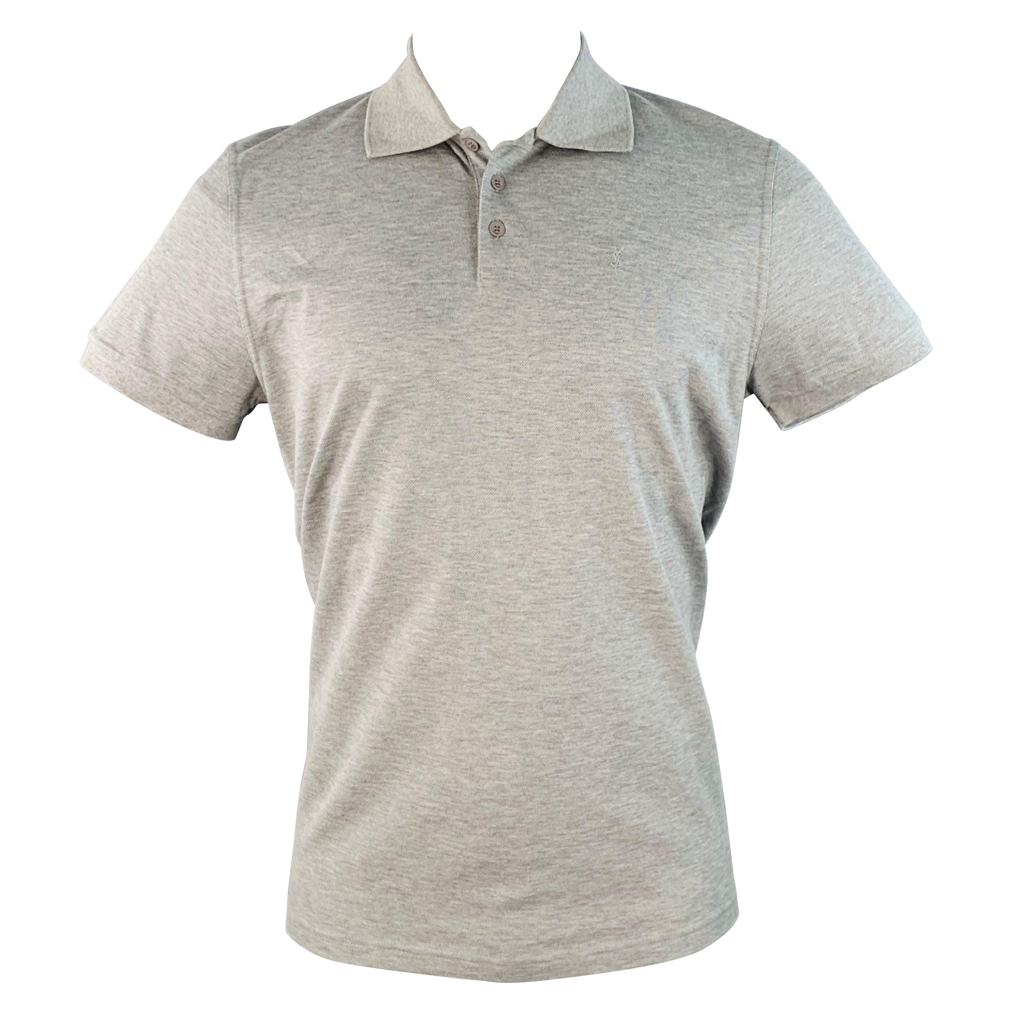 SAINT LAURENT Size M Grey Pique Cotton Logo Short Sleeve Polo