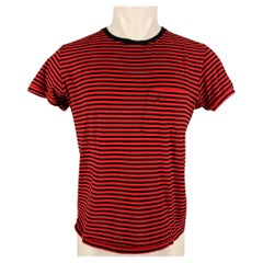 SAINT LAURENT Size M Red Navy Stripe Cotton Short Sleeve T-shirt