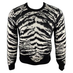 SAINT LAURENT Size S Black & White Zebra Mohair Blend Crew-Neck Sweater