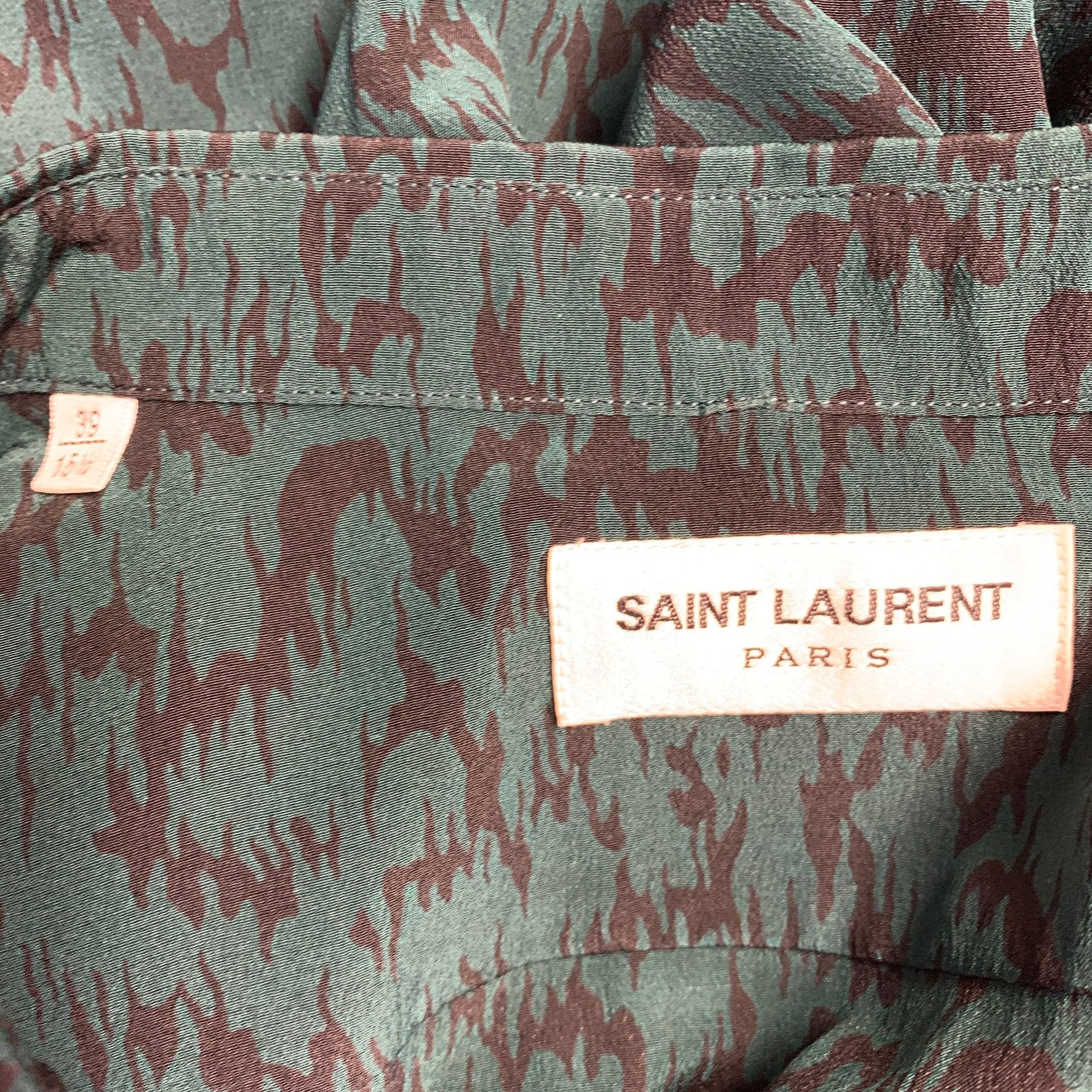 SAINT LAURENT Taglia S Verde Nero Astratto Zig Zag Seta Colletto Spalmato Camicia a Manica Corta in vendita 1