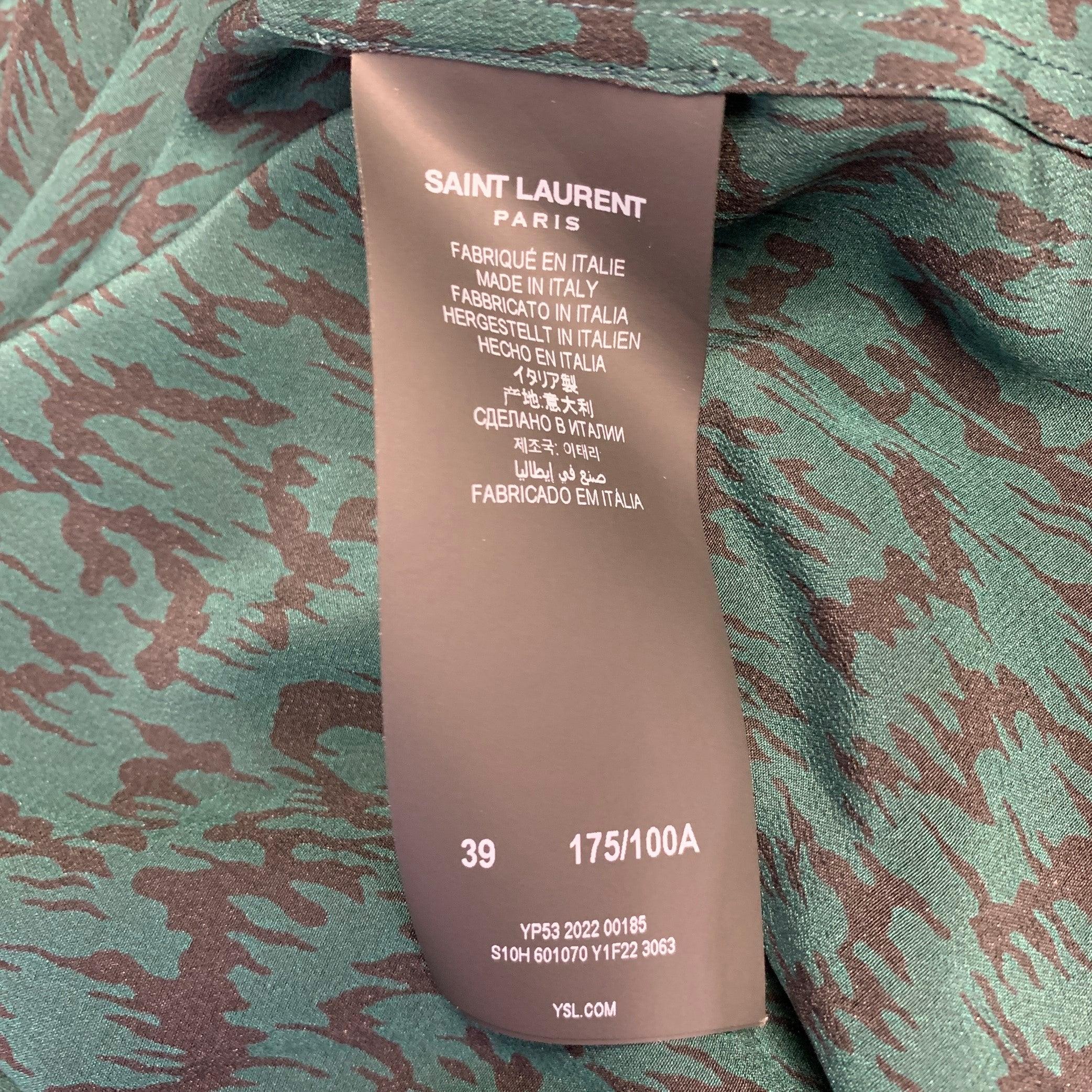 SAINT LAURENT Taglia S Verde Nero Astratto Zig Zag Seta Colletto Spalmato Camicia a Manica Corta in vendita 2