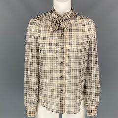 SAINT LAURENT Size S Nude Plaid Silk Pussy Bow Blouse