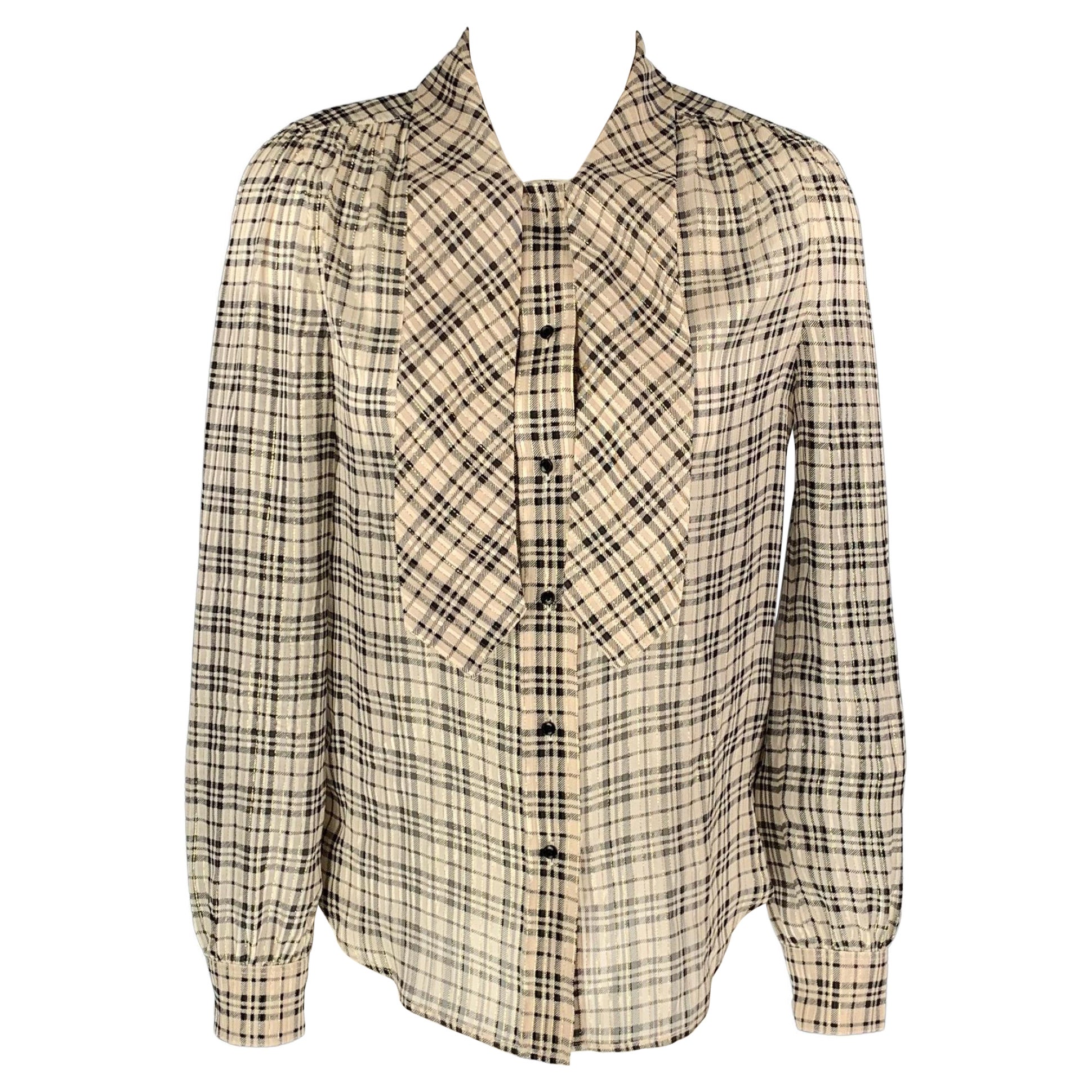 SAINT LAURENT Size S Nude Plaid Silk Pussy Bow Blouse