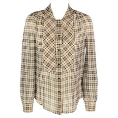 SAINT LAURENT Size S Nude Plaid Silk Pussy Bow Blouse