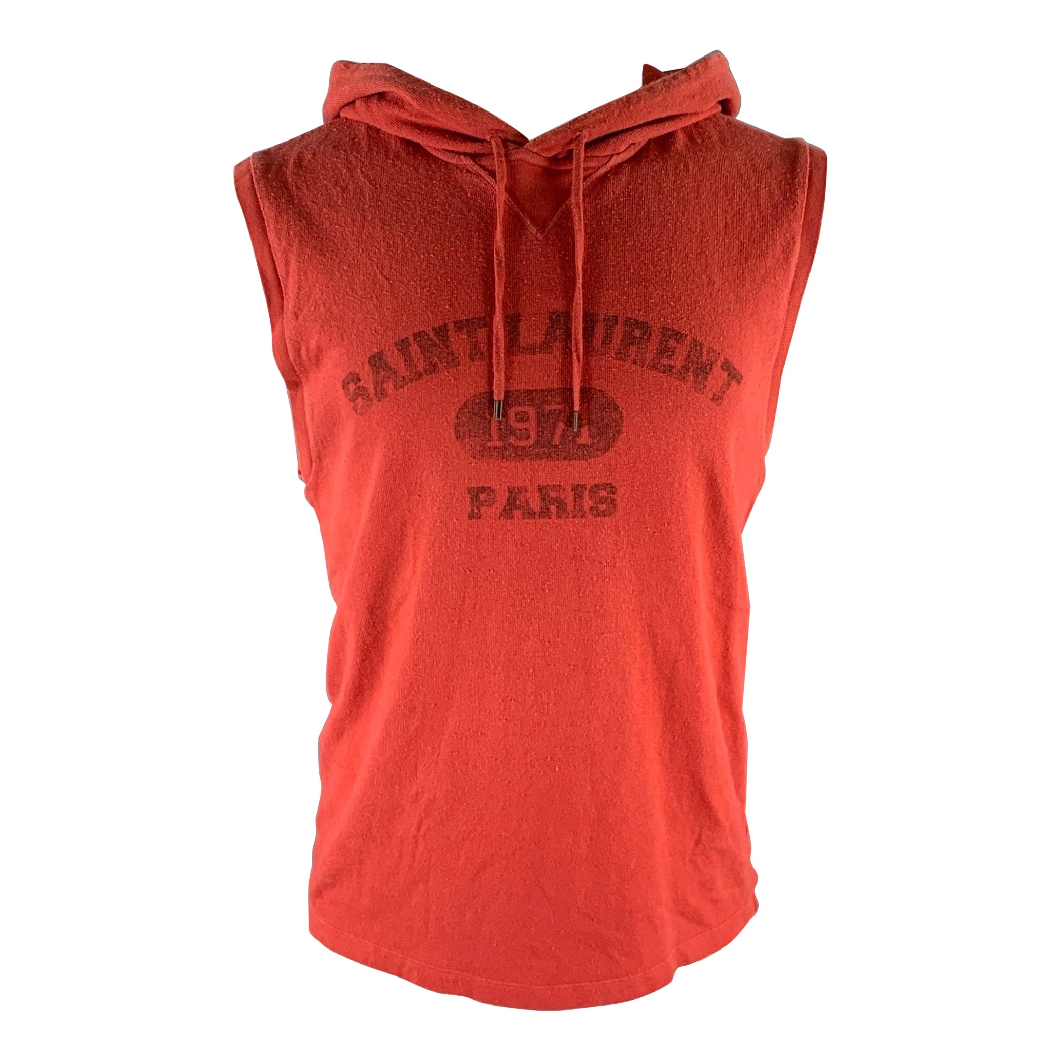 SAINT LAURENT Size S Red Logo Cotton Sleeveless Sweatshirt