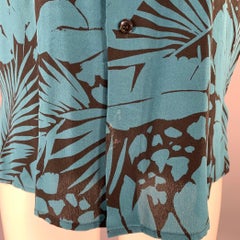 SAINT LAURENT Size S Turquoise Black Abstract Floral Silk Short Sleeve Shirt