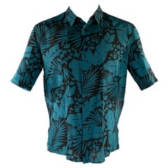 SAINT LAURENT Size S Turquoise Black Abstract Floral Silk Short Sleeve Shirt