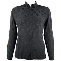 SAINT LAURENT Size XL Black Jacquard Viscose Silk Lips Long Sleeve Shirt