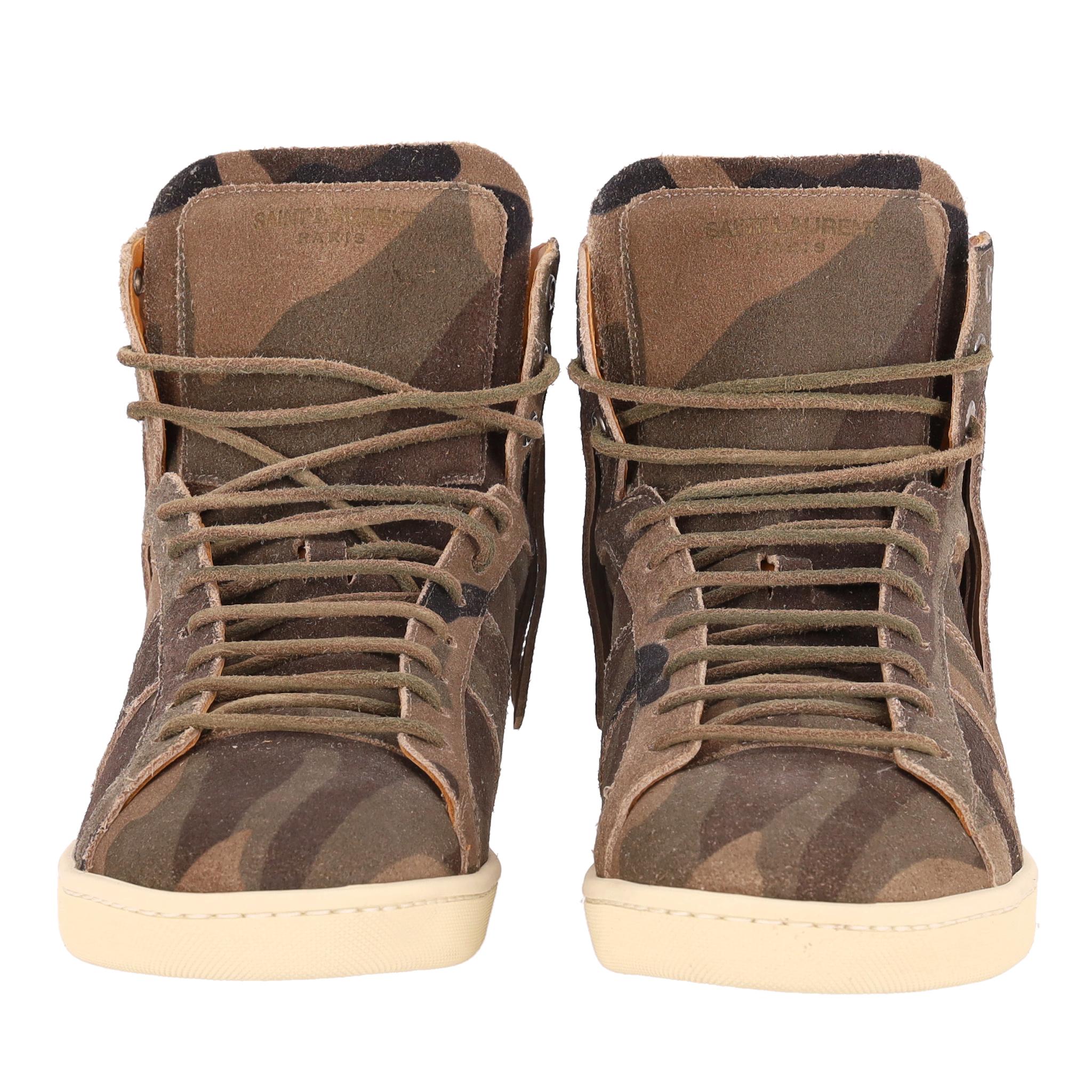 Brown Saint Laurent SL-18 High Top Camouflage Suede Sneakers For Sale